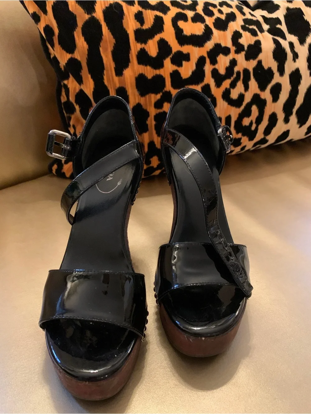 Vintage Prada Black Patent Platform Sandals with Wood Block Heel